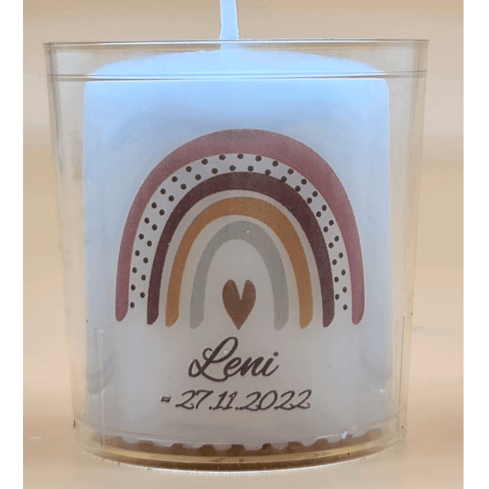 Gastkerzen 6x5 cm mit Tragebecher Regenbogen Vintage
